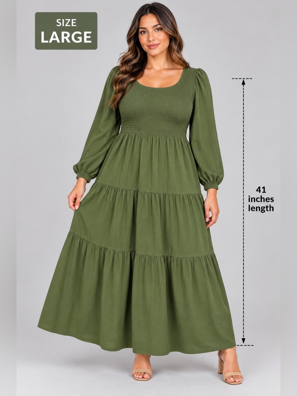 Women's Fashion Maxi Dress - Size Large - Olive Green Tiered Smocked Dress